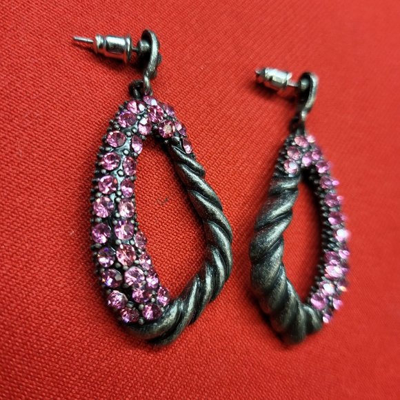 Drop Dangle Earring Pewter Silver with Pink Rhinestones - Picture 10 of 12